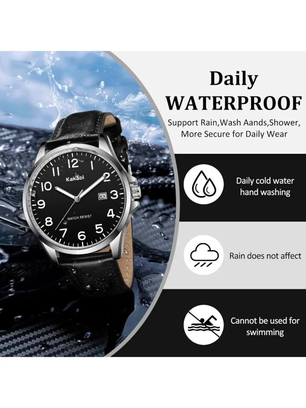 Men's Black Leather Strap Analog Quartz Waterproof Minimalist Round Wrist Watch